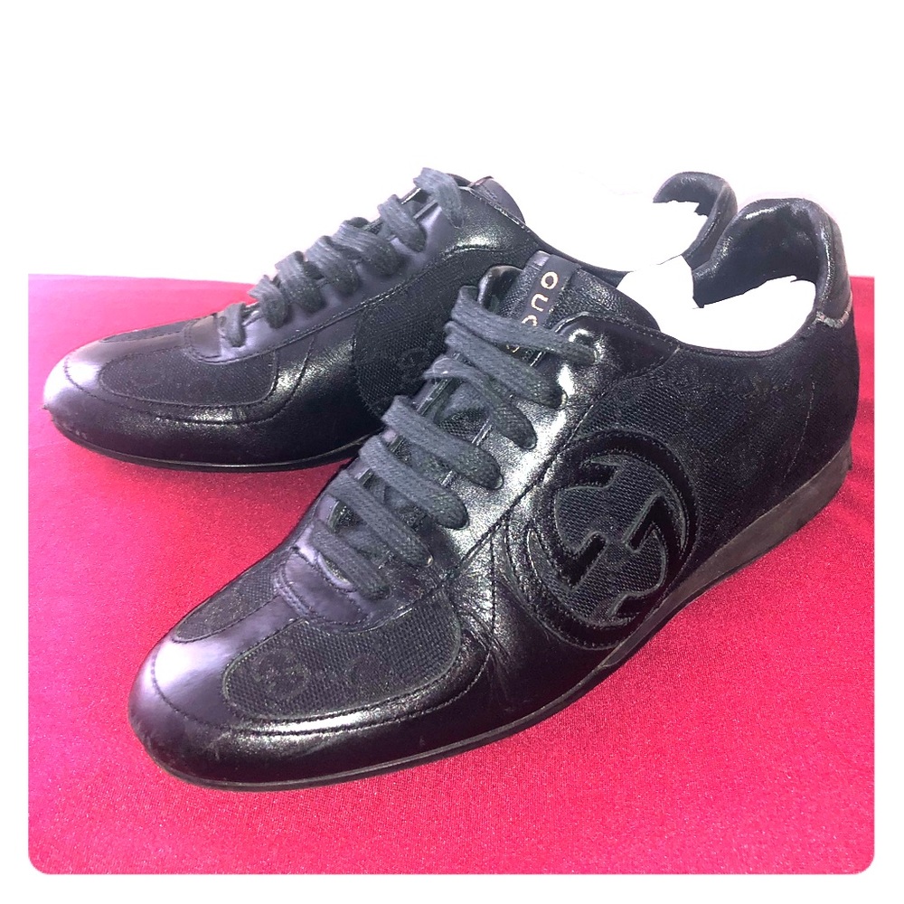 GUCCI black classic GG print and leather sneakers